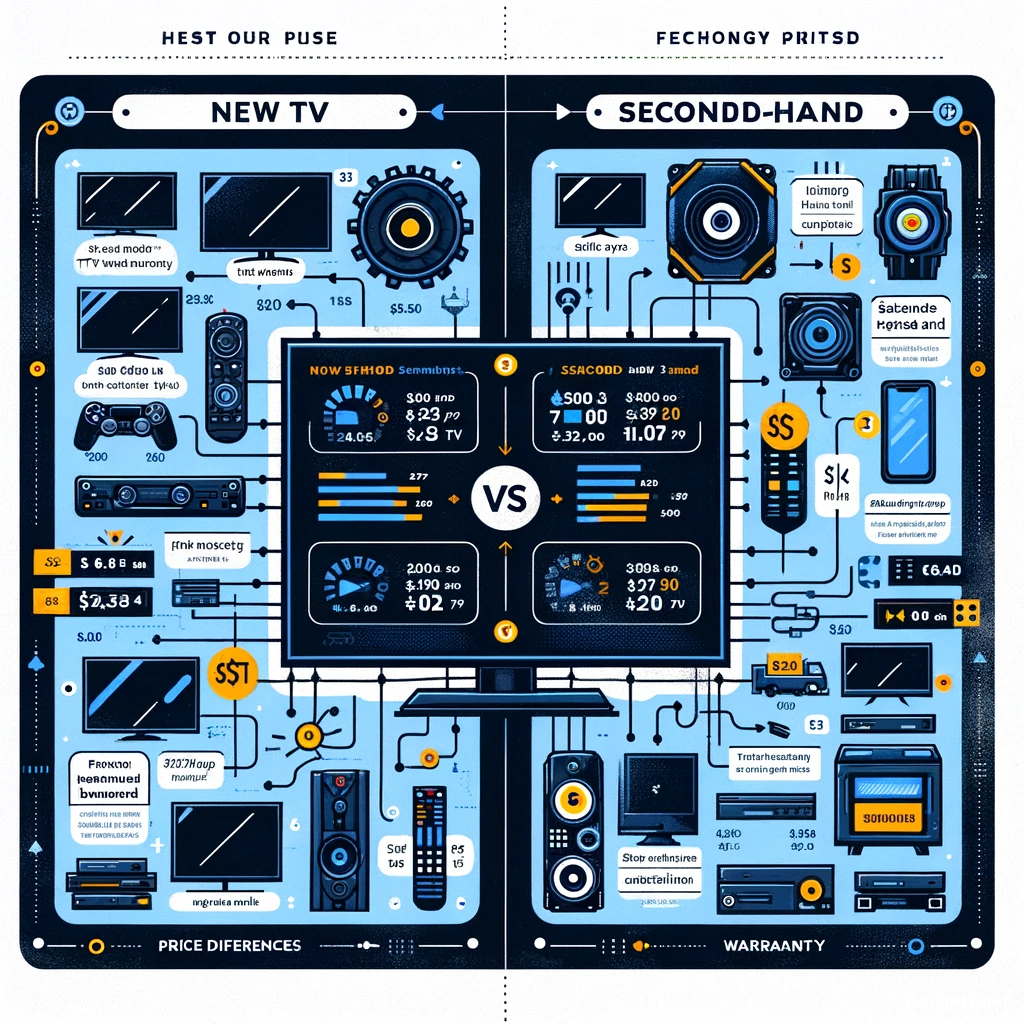DALLъE 2024 01 28 20.57.38 A detailed infographic comparing the cost and features of new TVs versus second hand TVs highlighting price differences technology advancements and