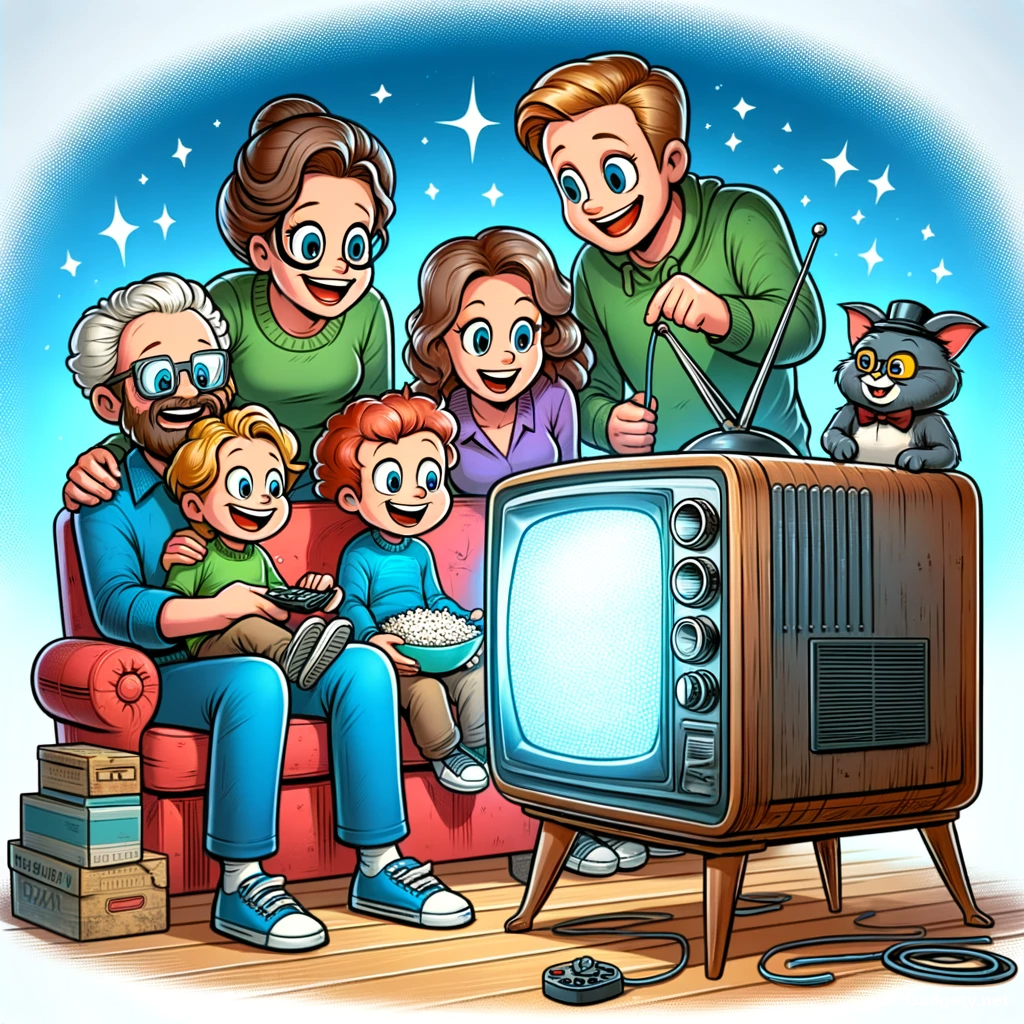 DALLъE 2024 01 28 20.57.45 A humorous cartoon of a family gathered around an old fashioned vintage TV enjoying a movie night. This image showcases the charm and nostalgia asso