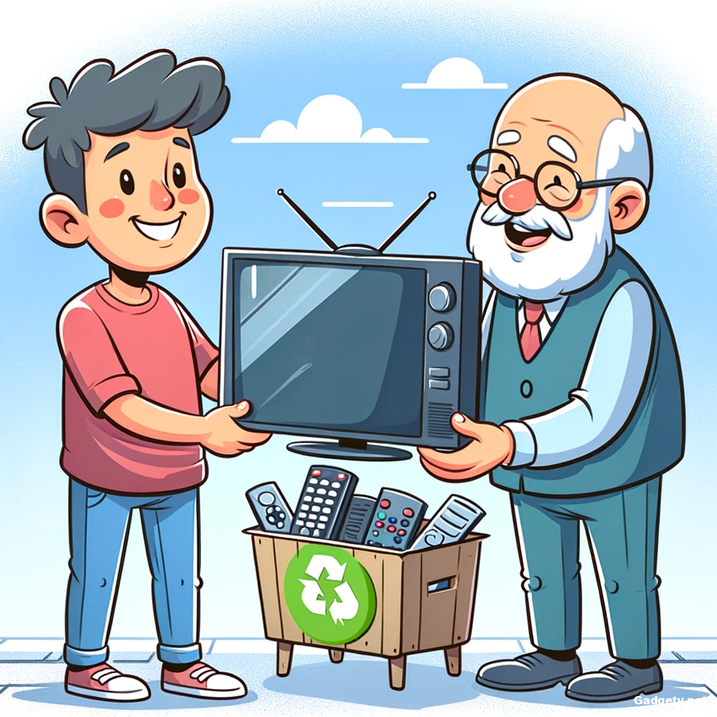 DALLъE 2024 01 28 20.57.52 A cartoon showing a person happily buying a second hand TV from a friendly seller emphasizing the benefits of cost savings and recycling. The TV is i