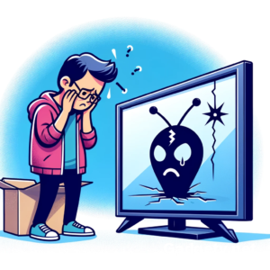 DALLъE 2024 01 28 20.57.57 An illustration of a disappointed person facing issues with a second hand TV like a broken screen or poor image quality representing the potential r