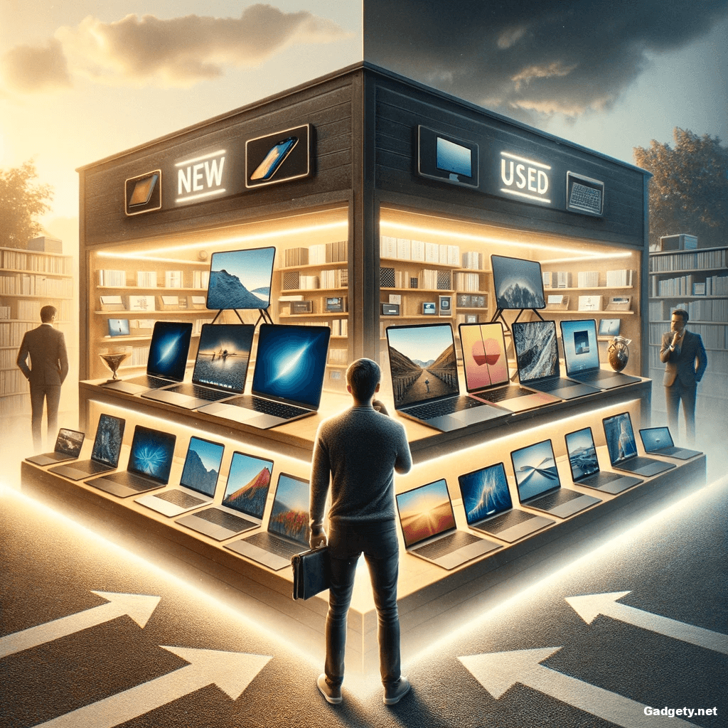 DALLъE 2024 01 28 21.27.01 A digital collage portraying the concept of buying a used MacBook. The image shows a split screen on the left side a bright modern store with brand 1