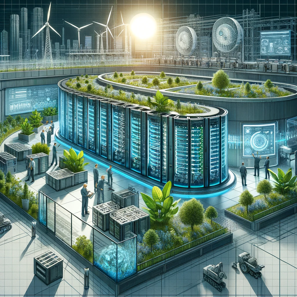 DALLъE 2024 03 13 19.28.10 An illustration of a secure and innovative data center showcasing a mix of traditional and futuristic elements. The scene includes a large data hall