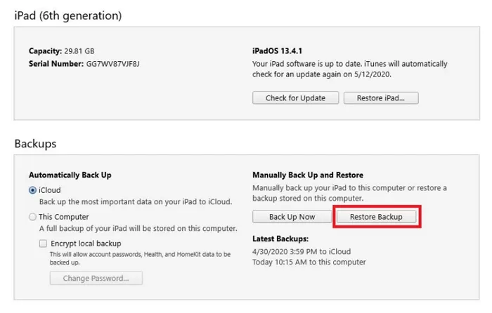 restore ipad from itunes backup