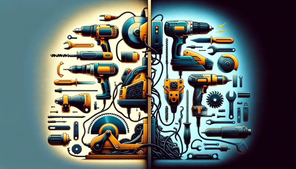 Чем электрические инструменты отличаются от механических инструментов 3 DALLъE 2024 03 10 17.23.49 A vivid and educational illustration that contrasts electric tools with mechanical tools. On the left depict various electric tools such as a power d