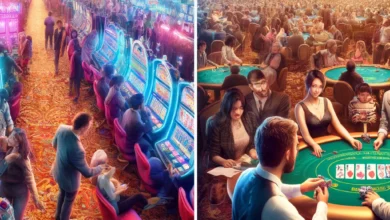 DALLъE 2024 04 15 22.01.43 A bustling casino floor scene with diverse groups of people engaged in different activities. The first image shows a vibrant atmosphere with people pl