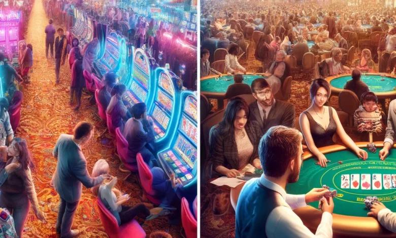 DALLъE 2024 04 15 22.01.43 A bustling casino floor scene with diverse groups of people engaged in different activities. The first image shows a vibrant atmosphere with people pl
