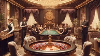 DALLъE 2024 04 15 22.04.36 A luxurious casino VIP room with an opulent setting. The scene features an elegant dimly lit environment with plush velvet chairs and a large ornate