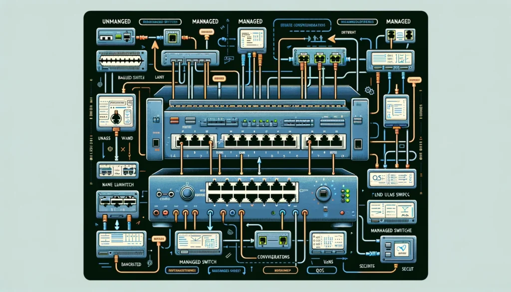 DALLъE 2024 05 15 00.17.15 A detailed illustration showing different types of network switches unmanaged switch and managed switch. The unmanaged switch is shown with basic con