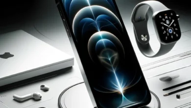 DALLъE 2024 05 19 13.26.31 An iPhone in a sleek modern setting. The iPhone is displayed prominently highlighting its elegant design and high quality build. The background feat