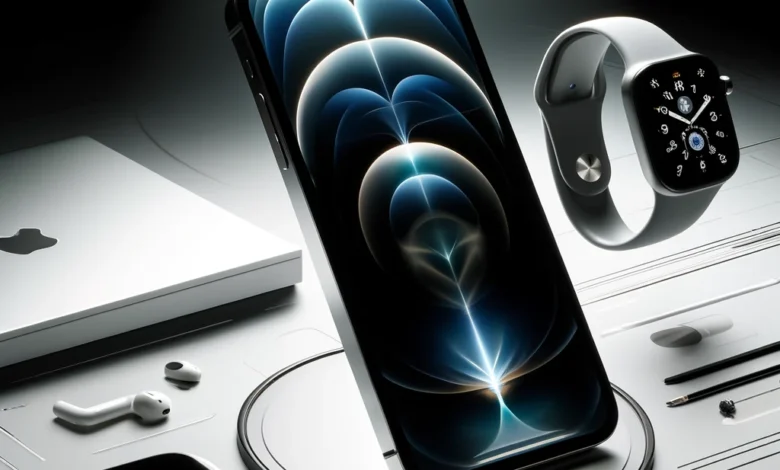 DALLъE 2024 05 19 13.26.31 An iPhone in a sleek modern setting. The iPhone is displayed prominently highlighting its elegant design and high quality build. The background feat