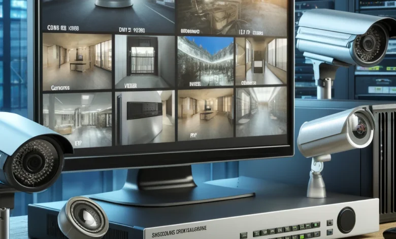 DALLъE 2024 05 21 13.40.16 A modern video surveillance system setup with various components. The image should show high resolution IP cameras a digital video recorder DVR a