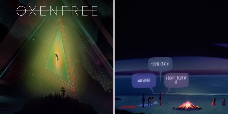 oxenfree official playstation image and the characters by a fire on the beach with dialogue choices