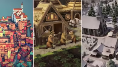 split image showing townscapers timberborn and banished