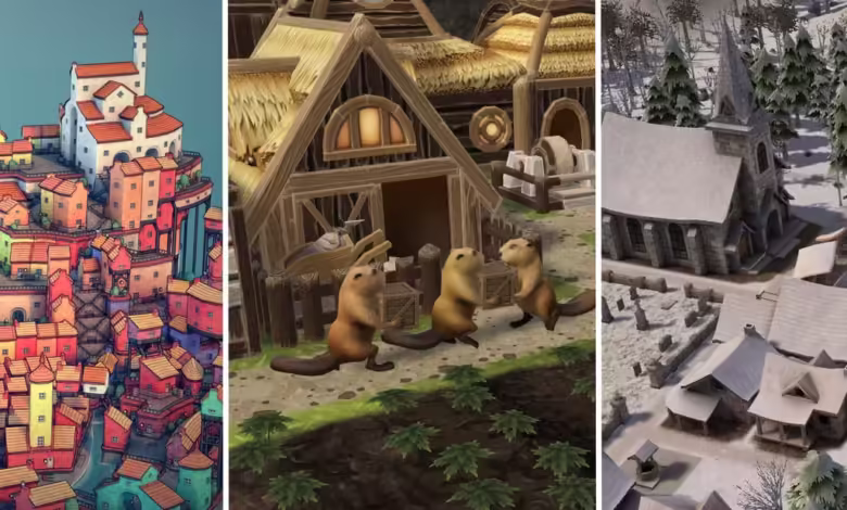 split image showing townscapers timberborn and banished