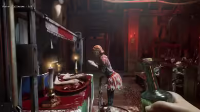 the outlast trials player holding medicine looking at mannequin child in blood