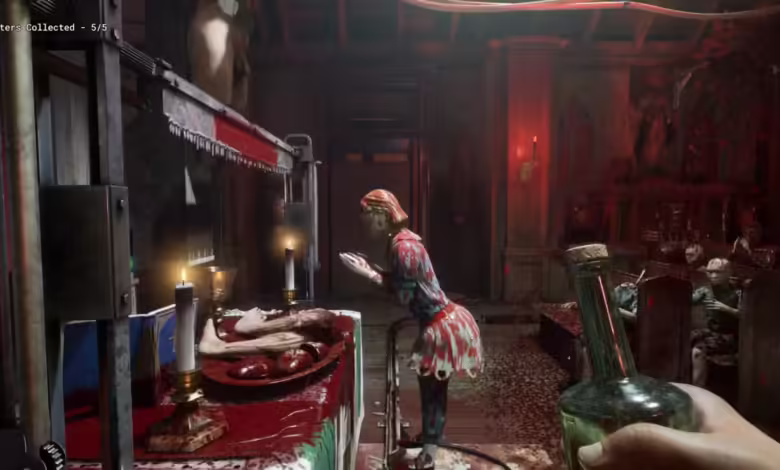 the outlast trials player holding medicine looking at mannequin child in blood